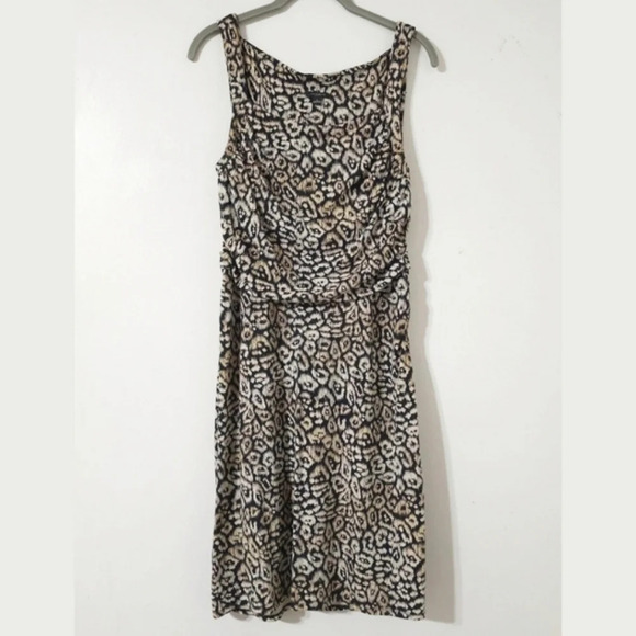 ANN TAYLOR Sleeveless Square Neck Leopard Fitted Knee Length Dress, Ruched Sides - Picture 4 of 15